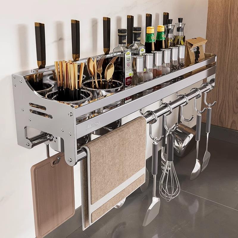 新款304不锈钢厨房置物架免打孔壁挂式厨房刀具架筷筒一体调料架