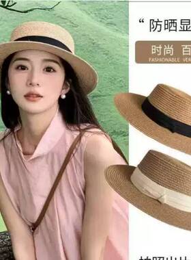 ins系带草帽草帽海边帽女夏季出游防晒沙滩遮阳帽蕾丝边遮阳帽