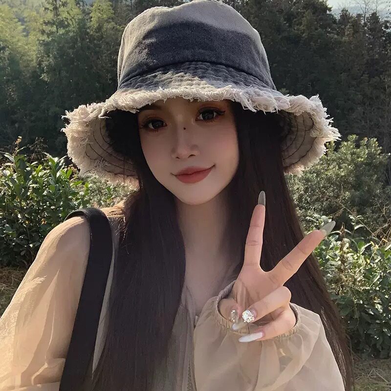 牛仔渔夫帽夏季女款百搭素颜盆帽遮脸大头围时尚鸭舌防晒太阳帽子