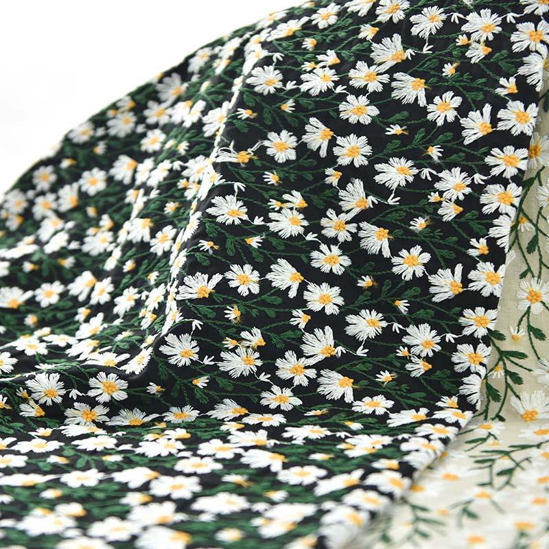 小雏菊花型刺绣棉麻绣花布家居布艺汉服手作工艺品柯桥面料布热卖