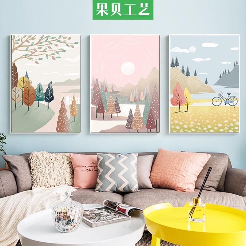 北欧四季风景插画客厅装饰画沙发背景墙三联画现代小清新卧室挂画图片