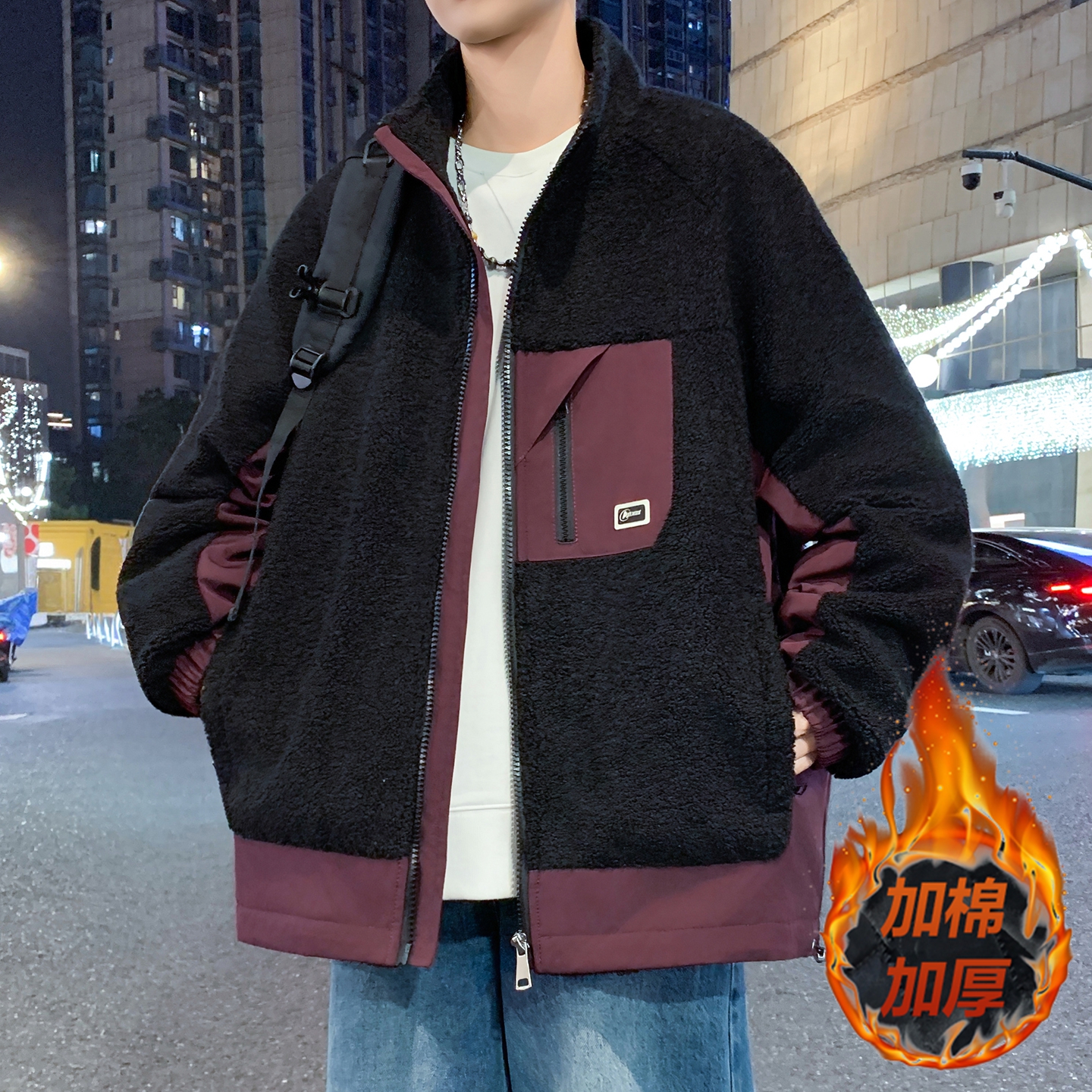 立领颗粒绒外套男秋冬季加棉加厚保暖羽绒服青少年潮牌冬装棉衣服