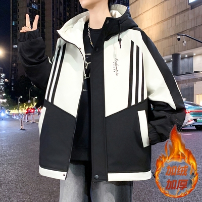 冲锋衣羽绒服男款青少年2025年新款潮牌连帽运动工装冬季加绒外套