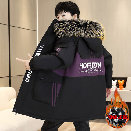 羽绒服男中长款冬季2024年新款青少年潮牌派克服加绒加厚冬装外套