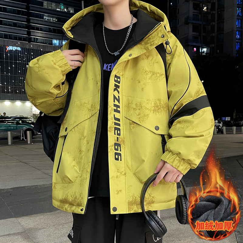 工装羽绒服男冬季新款潮牌加绒加厚外套男连帽青少年冬装防寒衣服