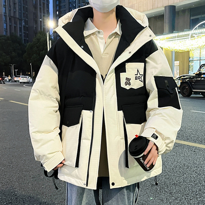 撞色休闲短款面包服连帽潮牌