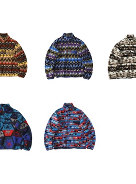 户外巴家塔家复古几何风抓绒衣宽松立领保暖外套摩登费尔岛pata