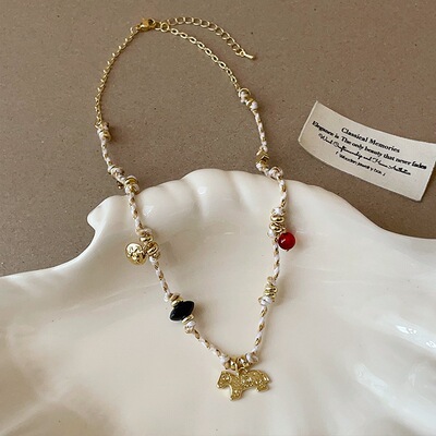 豆豆同款 彩色编绳小马项链多宝石小众设计感高级简约叠戴女