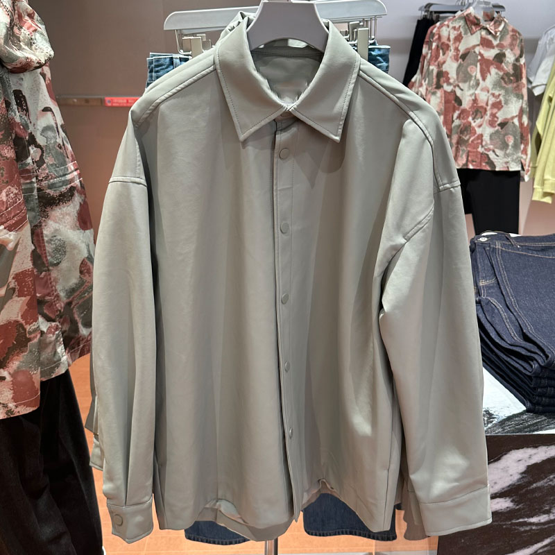 JTUR男装翻领春秋款宽松皮夹克