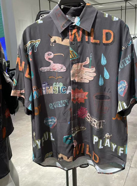 2025夏季新款WLJZWFJTUR男装时尚潮流翻领印花短袖 衬衫UMV250040