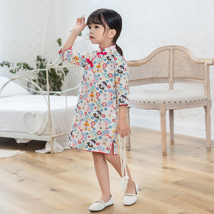 女童春秋款洋气碎花公主连衣裙幼儿园女孩纯棉中国风复古中袖旗袍