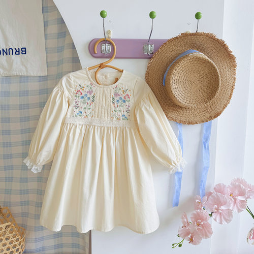 纯棉刺绣长袖公主裙蕾丝花边裙子