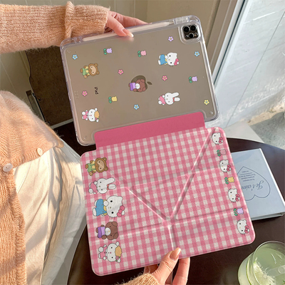 粉格子KT猫三Y折带笔槽iPad硬壳