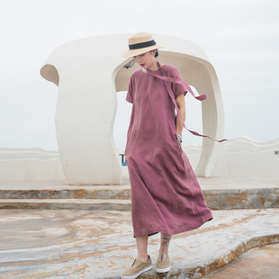 清仓」原创夏短袖色织纯亚麻连衣裙女宽松显瘦修身A字裙长裙气质