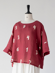 WUTELA 俏皮数字 夏季凉快专属印花亚麻T恤女小个子宽松文艺上衣