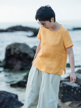 {清仓}夏季亚麻短袖T恤女圆领简约文艺小衫舒爽透气百搭宽松上衣