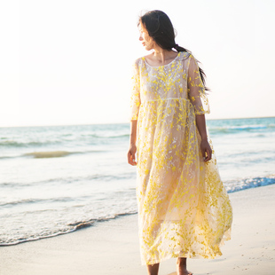 {清仓}夏小黄花蕾丝欧根纱连衣裙仙女娃娃裙宽松高腰长裙海边度假