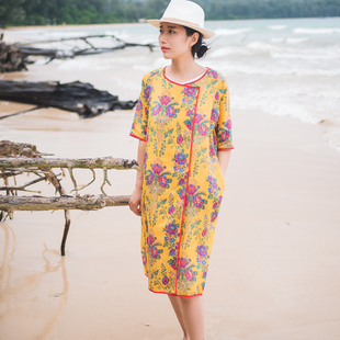 WUTELA{清仓}夏季云锦印花亚麻中长连衣裙改良新中式宽松旗袍苎麻