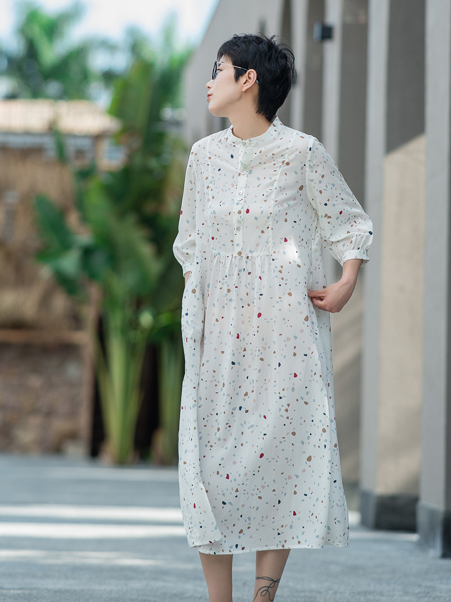 wutela原创夏莫兰迪小波点水磨石印花连衣裙女小立领高腰衬衫长裙