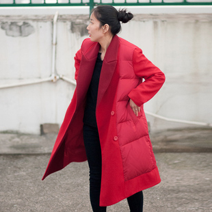特价清仓 原创冬加厚保暖毛呢拼接羽绒服中长款过膝外套大衣宽松