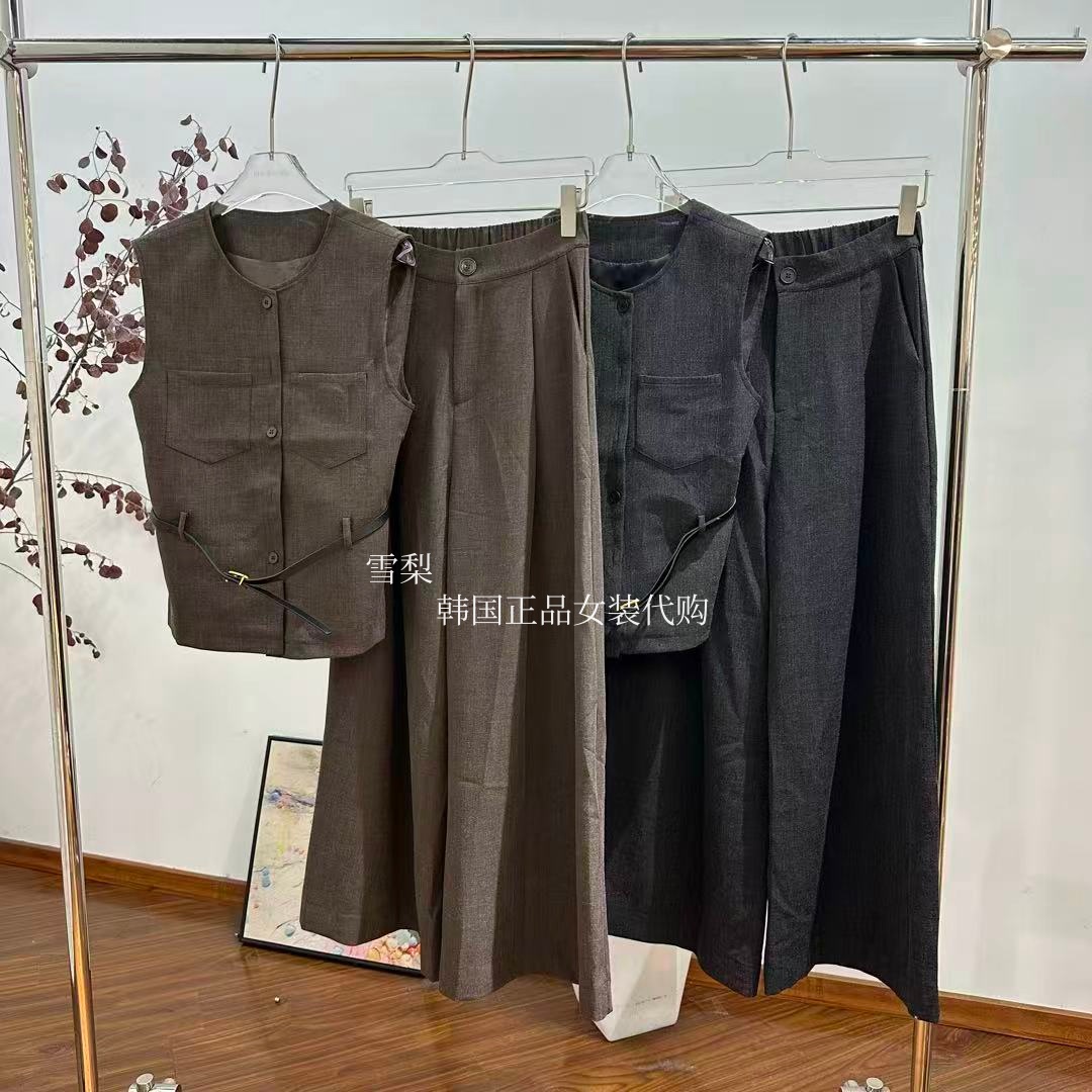 现货 欧货正品女装代购2025秋季款腰带+圆领口袋马甲+休闲裤套装