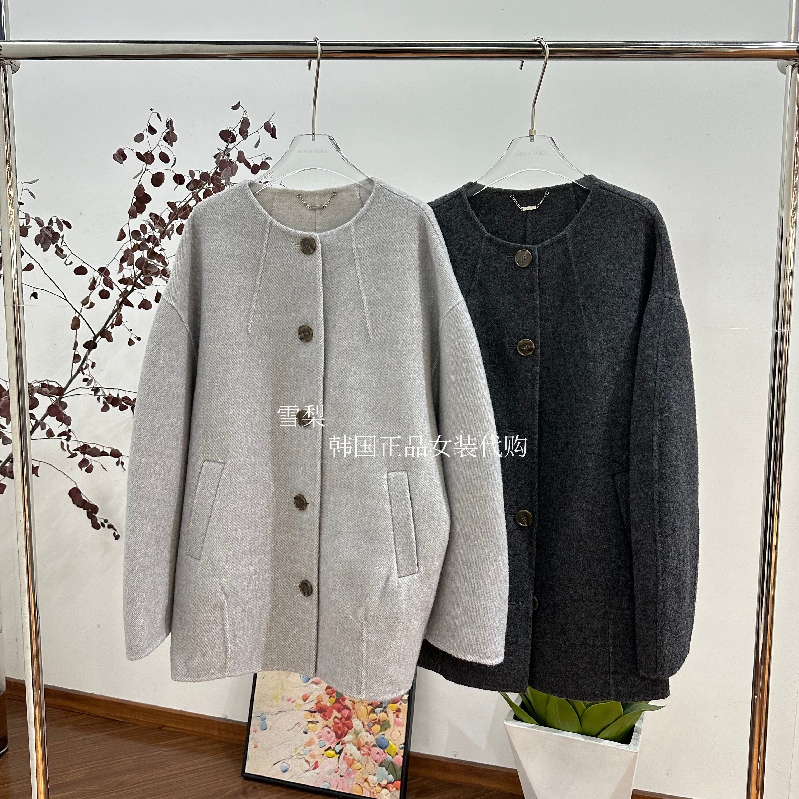 现货 欧货正品女装代购2025冬季新款净色圆领单排扣口袋毛呢外套