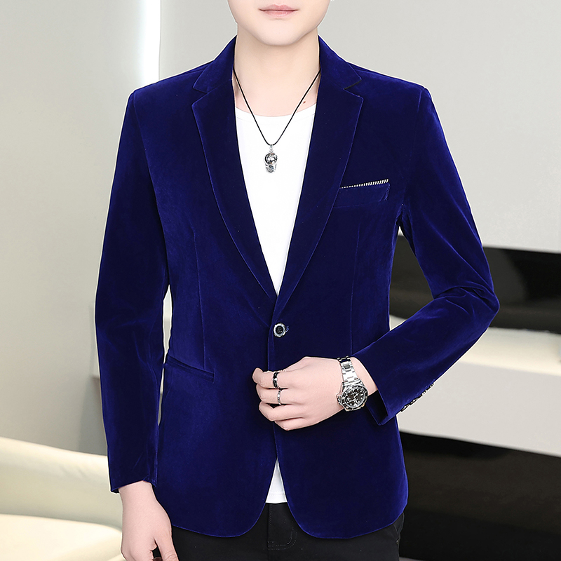 男士西服春秋黑色金丝绒西服潮流休闲小西装韩版修身平绒西装外套