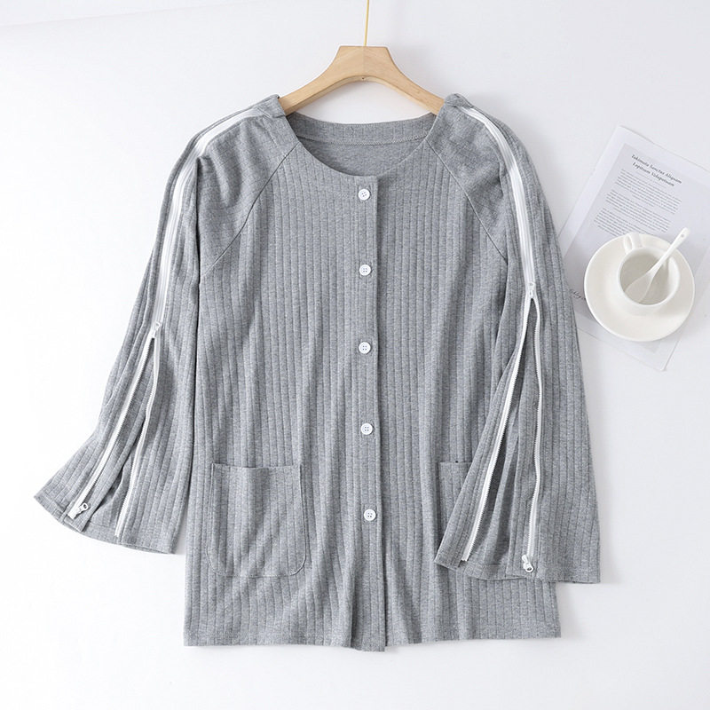 卧床病人专用睡衣套装男袖子带拉链衣服裤腿拉链棉质裤子骨折睡裤