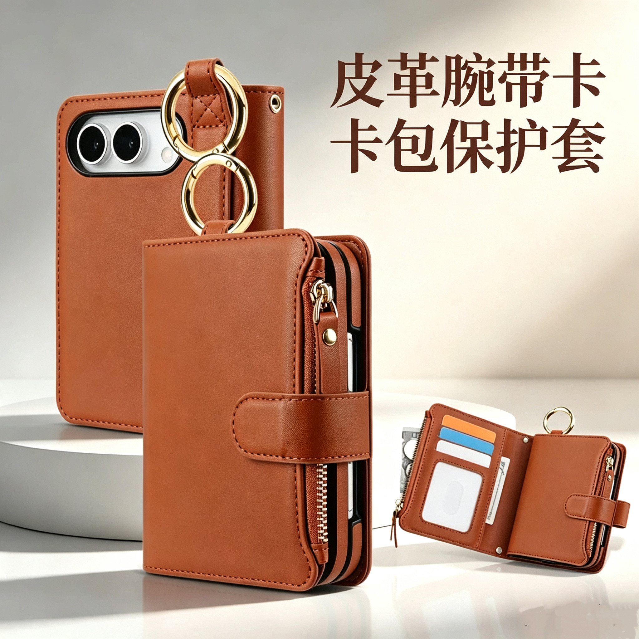 皮质卡包适用苹果Duo腕带iphone18pro多功能插卡17pm指环15/16pro全包带前框防摔小香风手机皮套14商务