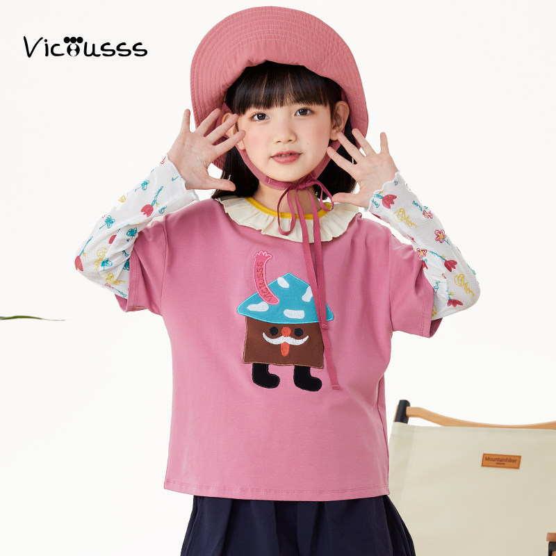 Viciusss女童娃娃领可爱假两件长袖T恤春夏拼接刺绣打底衫上衣,童装/婴儿装/亲子装,T恤,淘宝优惠券,粉丝福利购,淘宝优惠卷