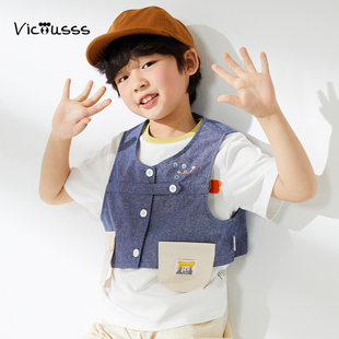 时尚 儿童薄款 拼接洋气上衣 新品 Viciusss男童纯棉马甲夏季