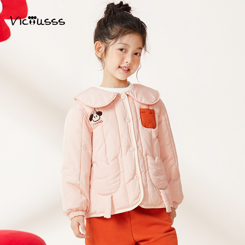 viciusss女童棉服短款2025新款娃娃领小棉袄女宝甜美冬装棉衣外套