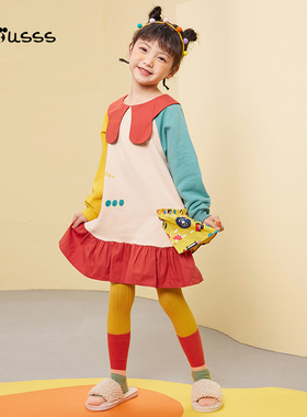 viciusss童装女童连衣裙洋气撞色冬新款时尚个性拼色印花公主裙仙