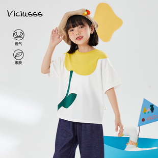 Viciusss女童圆领短袖 甜美可爱上衣休闲百搭 白色t恤夏季 新品