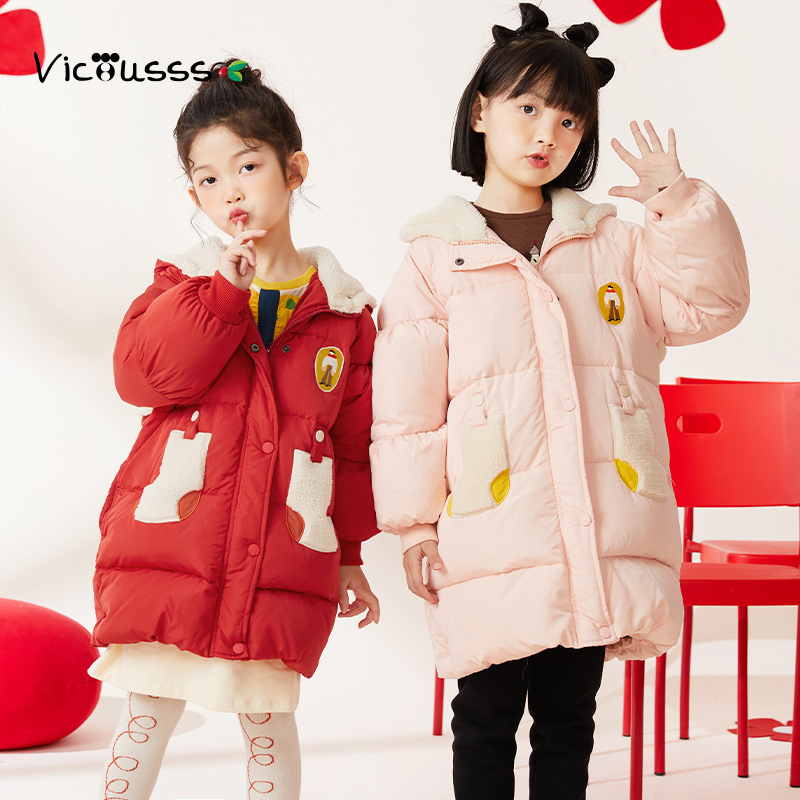 女童加厚连帽中长款羽绒服