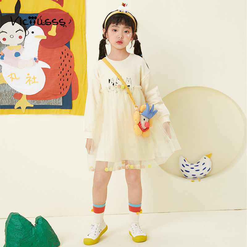 viciusss女童连衣裙长袖2026新款秋冬卡通可爱甜美风网纱卫衣裙子