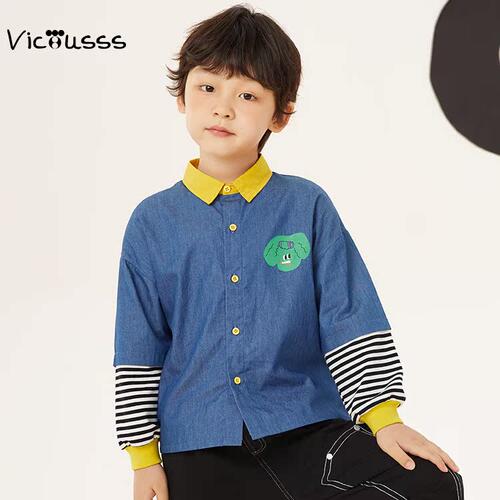 viciusss男童牛仔衬衫秋潮酷帅气