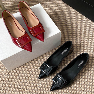 41到43百搭船鞋 尖头漆皮亮面浅口单鞋 女鞋 低跟通勤方扣春秋款 大码