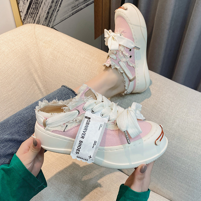 开口笑帆布鞋女无后跟半拖运动鞋厚底大码女鞋41一43百搭乞丐板鞋