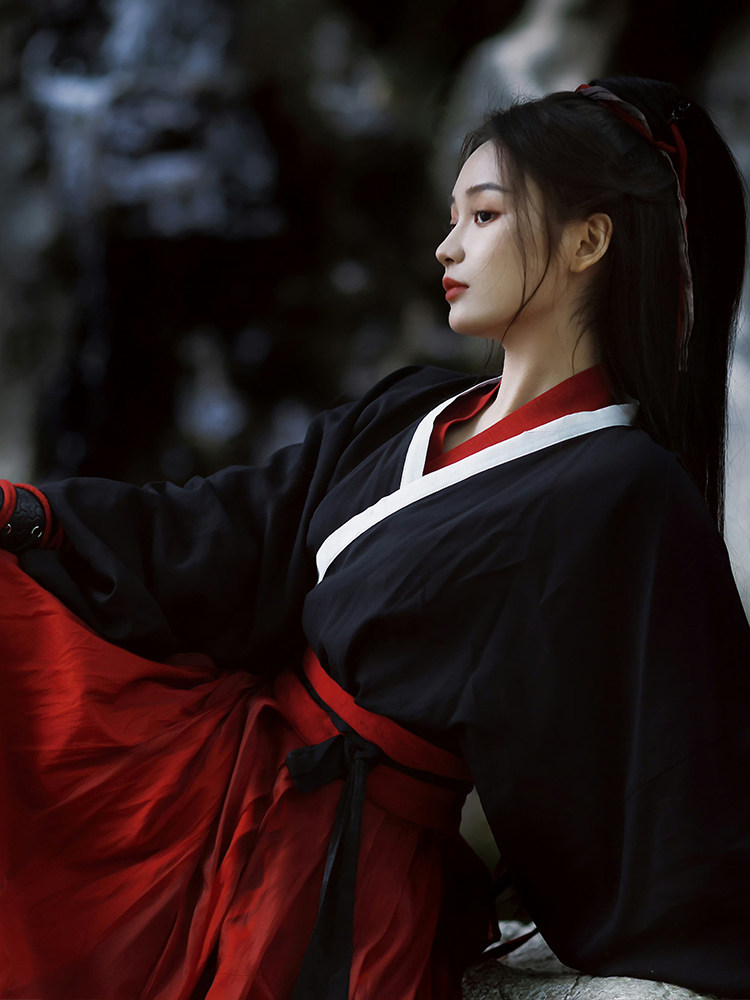 위진 남조 고대 의상 HANFU 검정 빨강 잘생긴 무술 여성 스타일 넓은 소매 크로스 칼라 허리 길이 스커트 2024 새로운 스타일