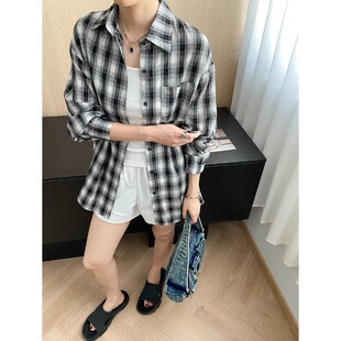 衬衫 防晒撞色格纹翻领宽松显瘦全棉长袖 SN7630 慵懒男友风 司南