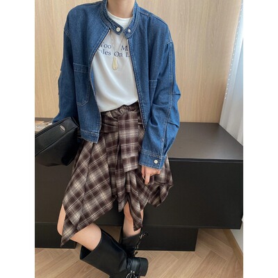司南 时髦双拉链 美式复古小立领设计感宽松牛仔外套短款 SN8039