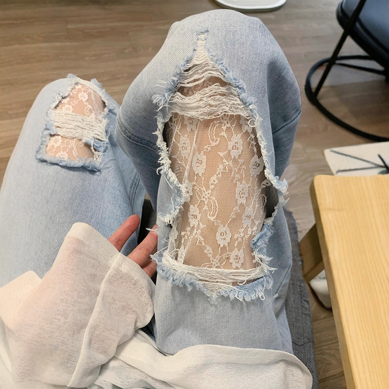 复古蓝蕾丝破洞牛仔裤女夏季薄款大码胖mm高腰显瘦遮胯宽松阔腿裤