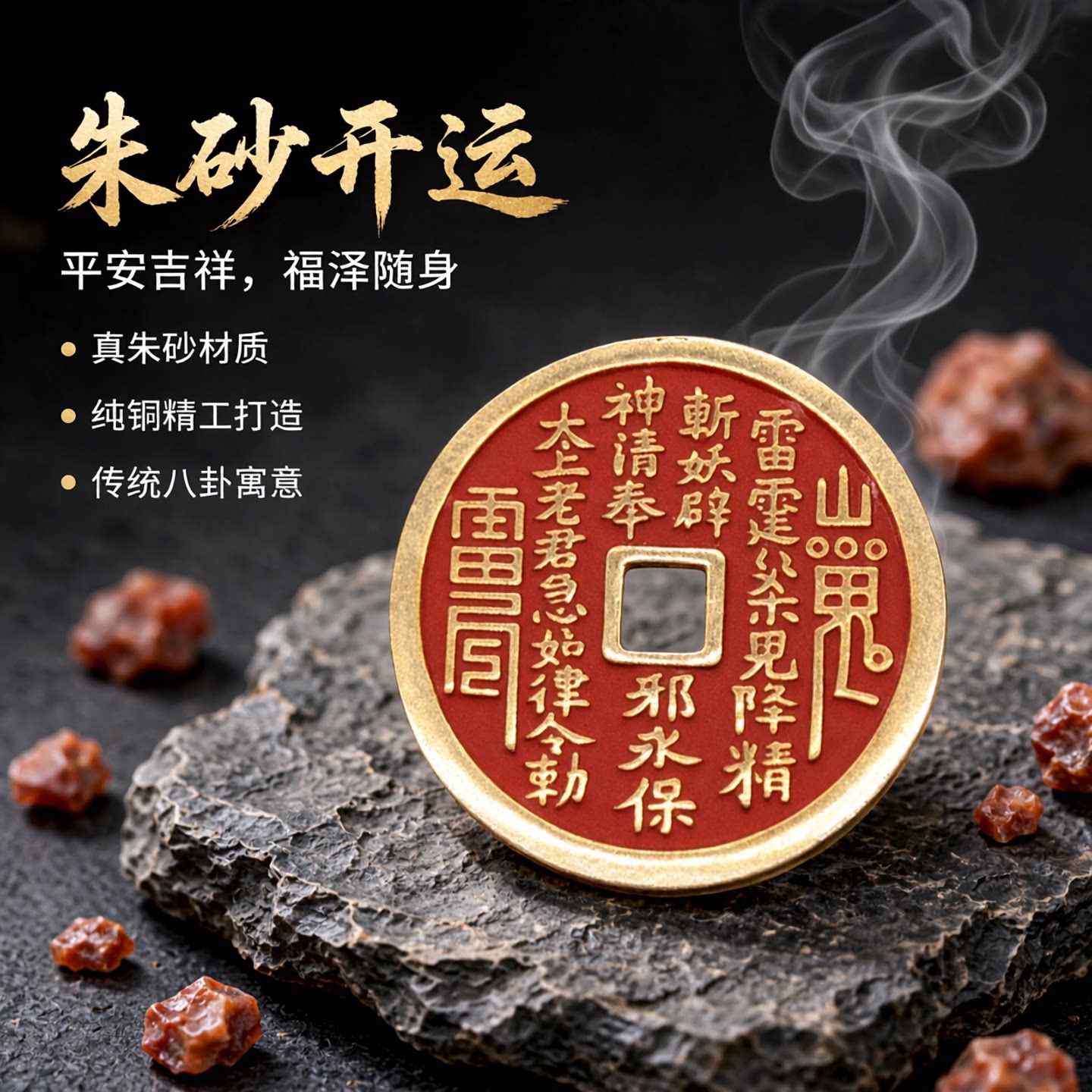 山鬼花钱朱砂真品纯铜八卦朱砂铜钱吊坠绳钥匙扣平安吉祥手机挂件