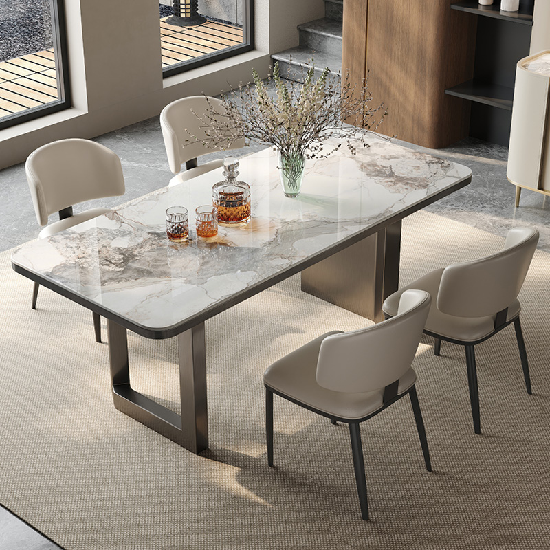 乔美特不锈钢下挂芬迪台岩板餐桌意式轻奢现代极简大气长方形桌子