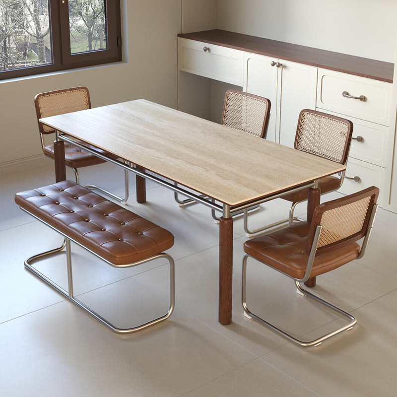 乔美特云柱实木岩板餐桌小户型餐厅复古中古风维亚长方形洞石饭桌