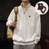 男刺绣字母美式 2024潮牌港风拼色长袖 Polo衫 复古宽松半拉链卫衣潮