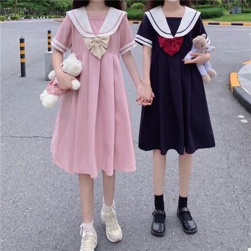 2025新款学院风连衣裙短袖女学生甜美可爱日系海军领jk闺蜜a字裙