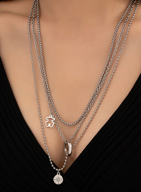 嘻哈风时尚简约银色多层百搭项链