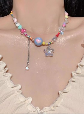 夏日多巴胺彩色爱心叠戴项链2024甜酷辣妹串珠糖果色海边锁骨链女